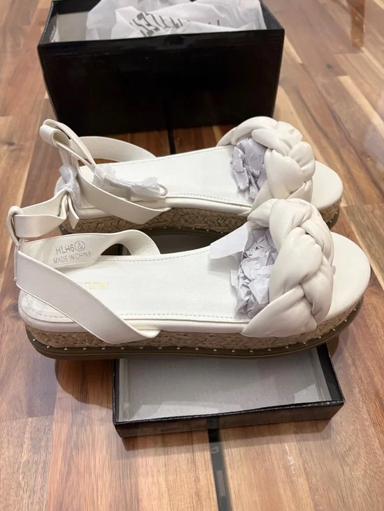 NIB Flawed Sz 7 White PU Plait Detail Strappy Espadrille Sandals Platform Shoes - Picture 7 of 11